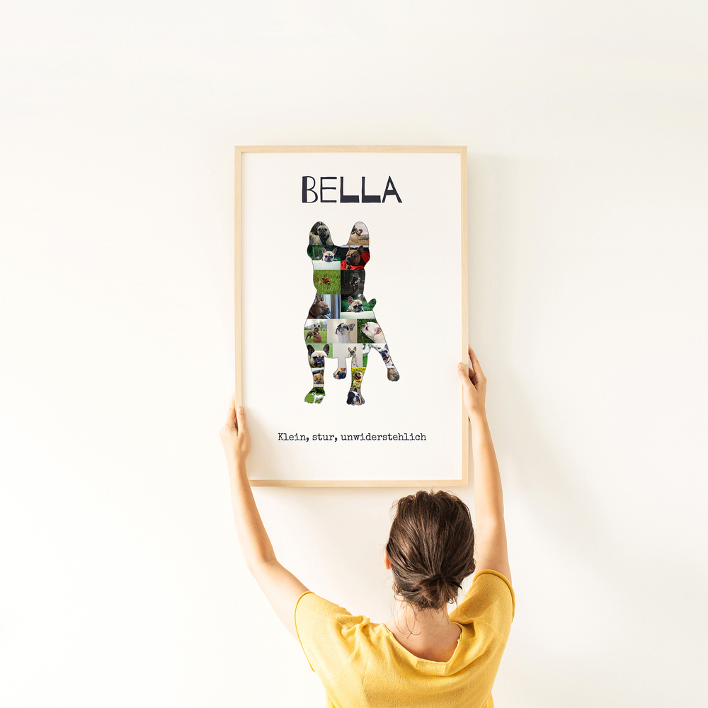Fotocollage als Französische Bulldogge mit Namen im hellen Holzrahmen an weißer Wand, Geschenk für Hundefreunde