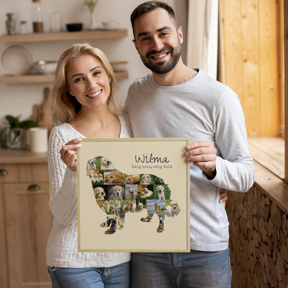 Golden-Retriever-Fotocollage mit Namen im hellen Rahmen, persönliches Geschenk für Hundefreunde