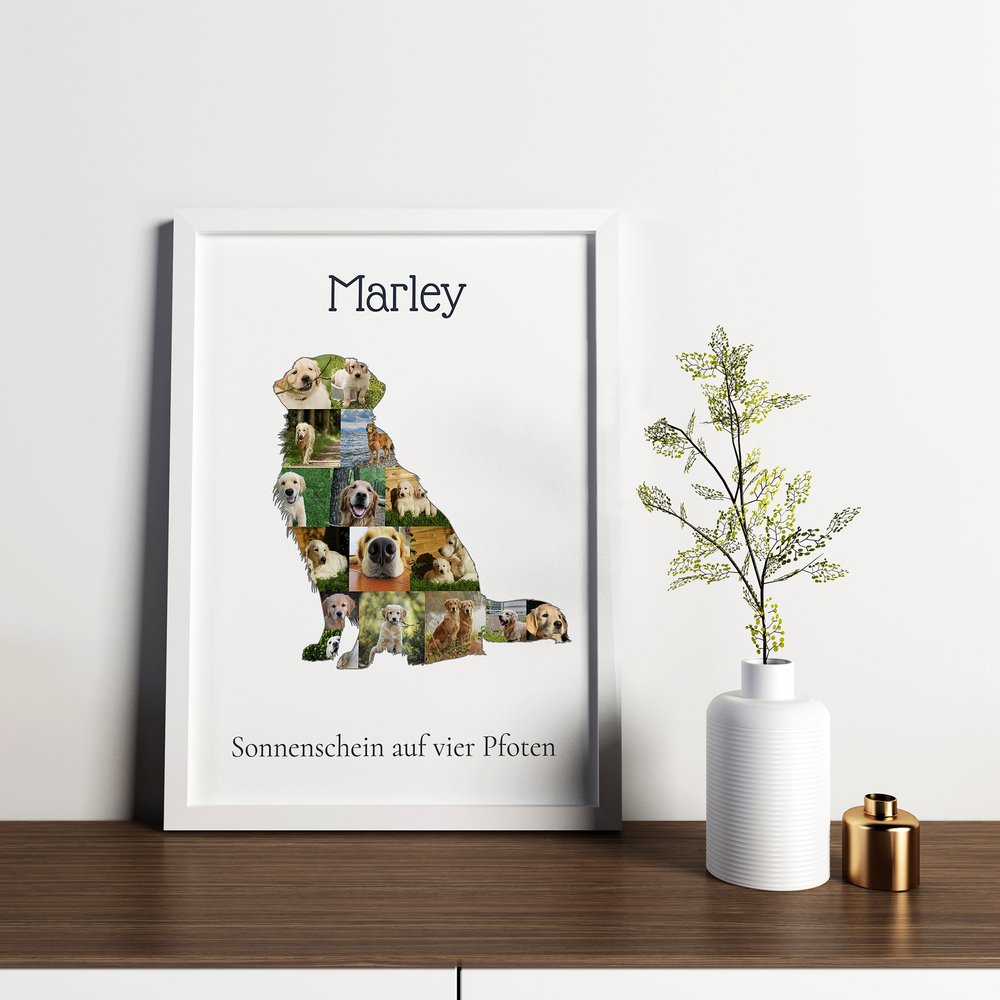Fotocollage als Golden-Retriever-Silhouette mit Namen und Text, im weißen Rahmen auf einem Sideboard neben einer Vase