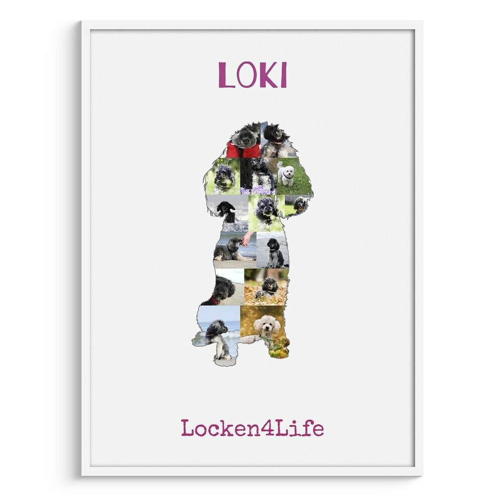 Fotocollage in sitzender Zwergpudel-Silhouette mit pinkem Namen und Spruch im weißen Rahmen für Hundefreunde