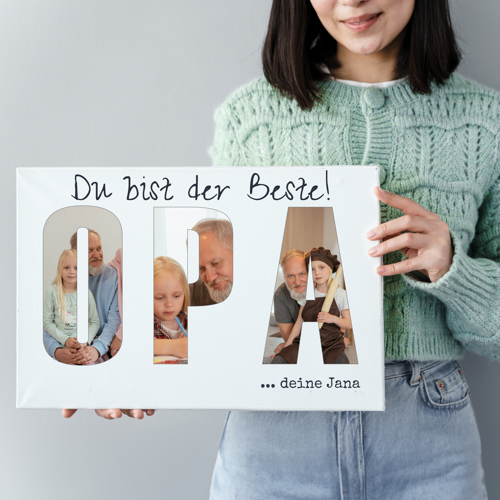 Rahmenlos präsentierte Fotocollage auf Acrylglas mit Opa und Enkelin als liebevolle Geschenkidee für den Großvater