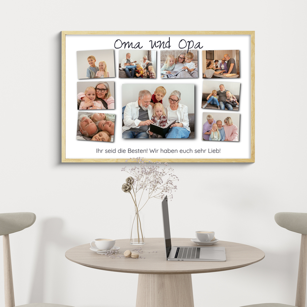 Fotocollage mit 9 Familienfotos im hellen Holzrahmen über einem runden Tisch als Geschenkidee für Großeltern