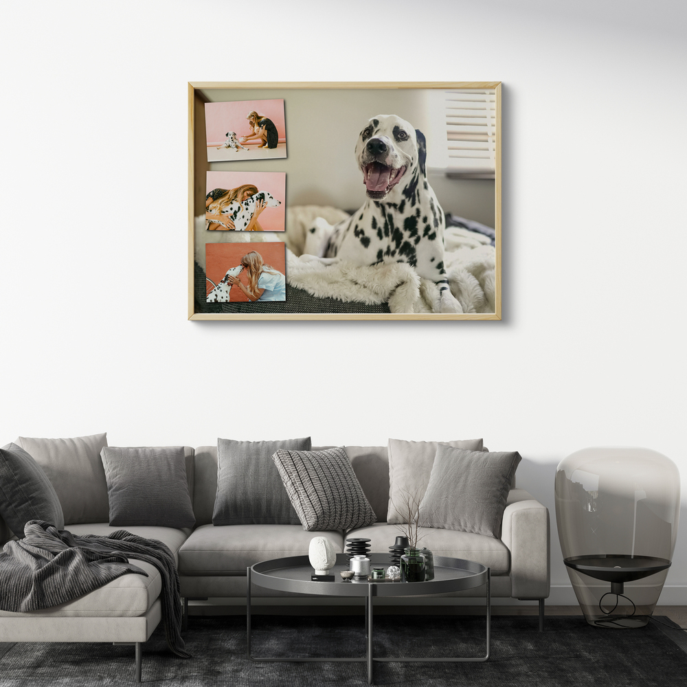 Fotocollage van een dalmatiër in een naturel houten lijst boven een grijze bank in de woonkamer