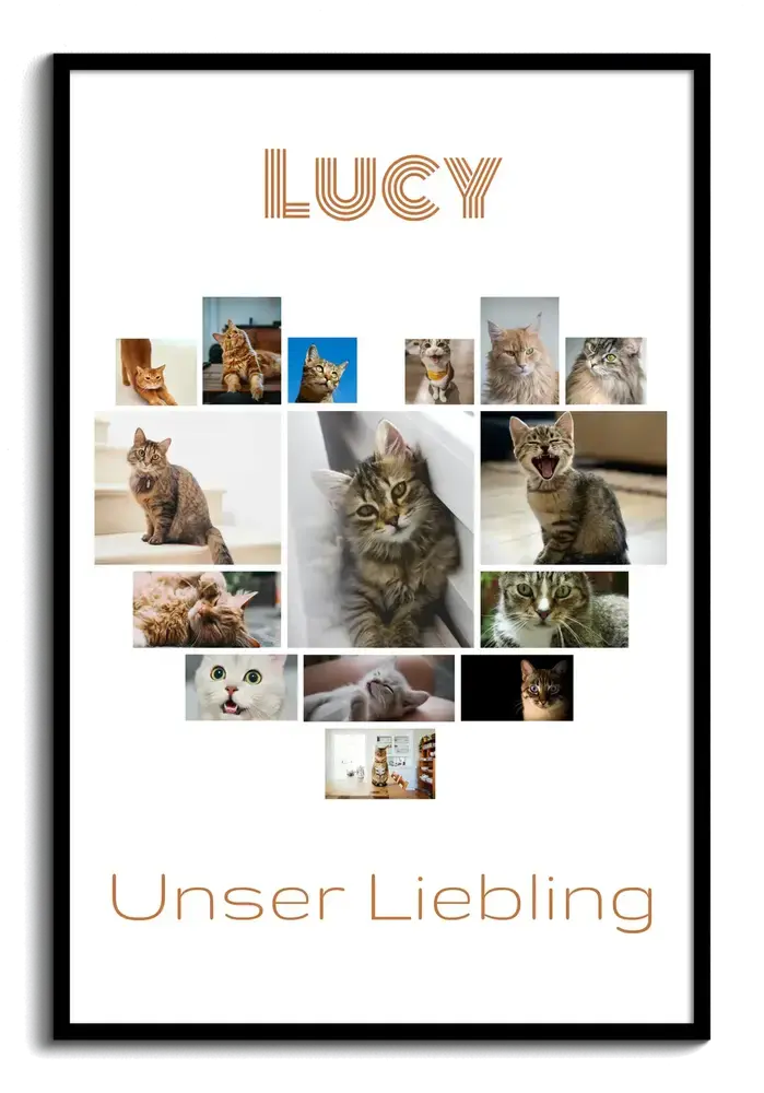 Schwarz gerahmte Herz-Collage aus Katzenfotos auf Weiß, mit individuellem Namen und liebevollem Text