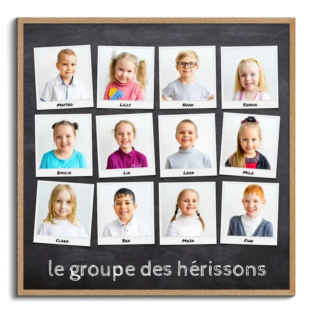 Collage de classe encadré en bois, 12 portraits façon Polaroid avec prénoms, cadeau de fin d’année pour la maîtresse