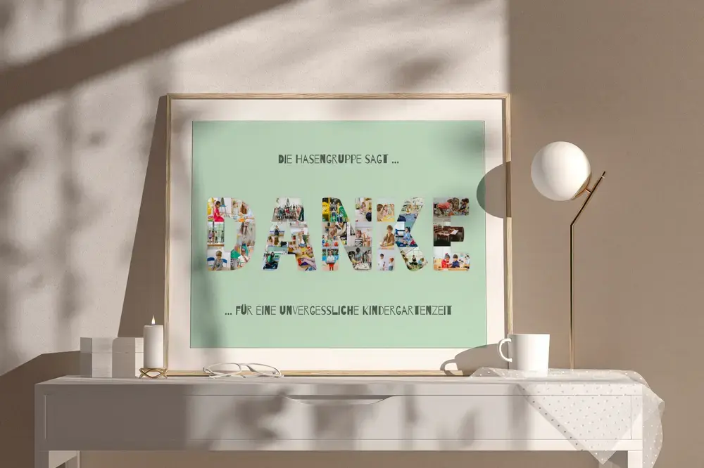 Buchstabencollage aus Kinderfotos auf mintgrünem Grund im hellen Holzrahmen auf einer Kommode neben einer Lampe