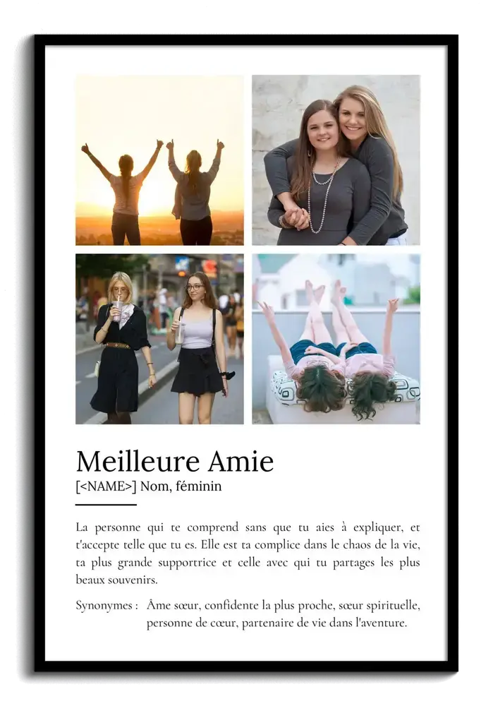 Affiche définition avec quatre photos dans un cadre noir, une idée cadeau pour sa meilleure amie