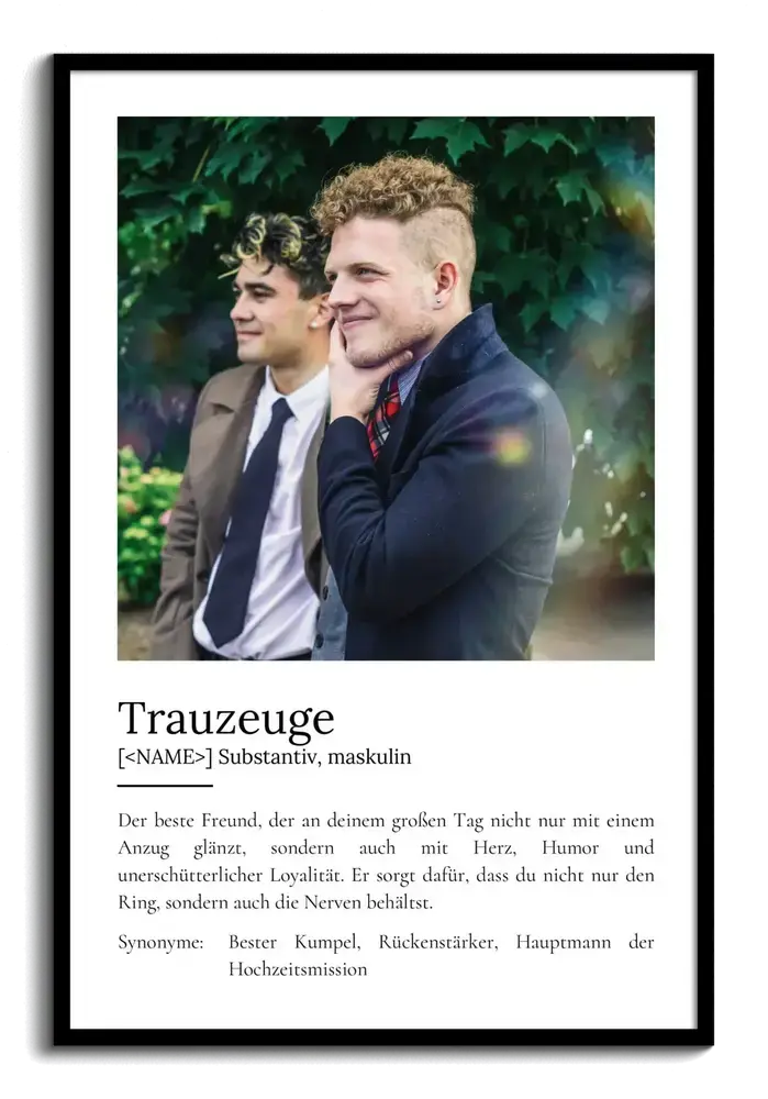 Definitionsposter mit persönlichem Foto im schwarzen Rahmen als Geschenk für den Trauzeugen