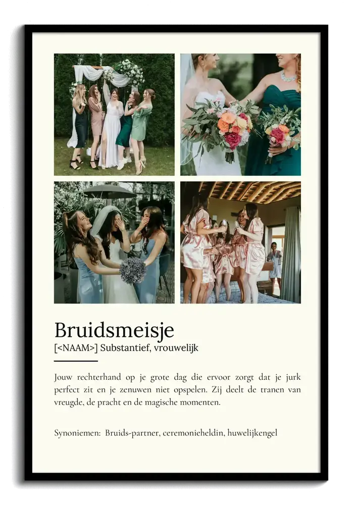 Cadeau voor een bruidsmeisje: poster in woordenboekstijl met vier trouwfoto’s in een zwarte lijst