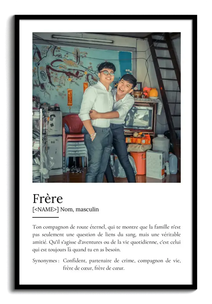 Poster style dictionnaire sur le thème du frère, avec une grande photo rectangulaire et un cadre noir