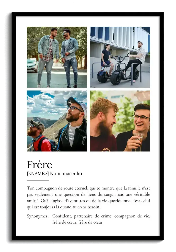 Affiche définition de frère avec quatre photos en grille et texte sur fond blanc, encadrée en noir