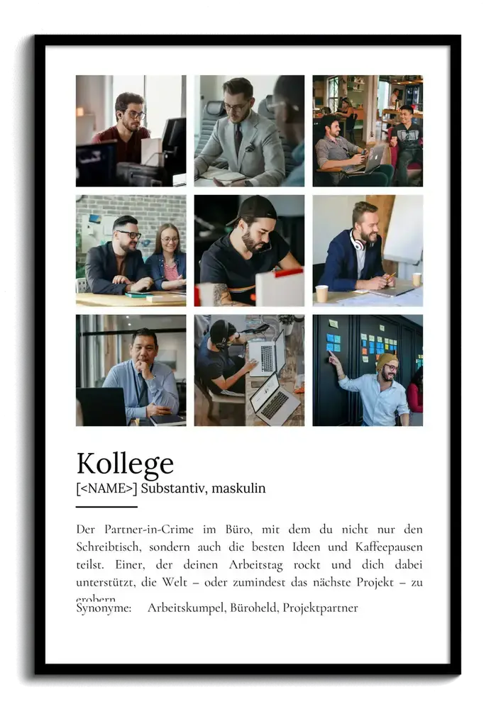 Definitionsposter mit neun Bürofotos im schwarzen Rahmen als Fotogeschenk für einen Kollegen