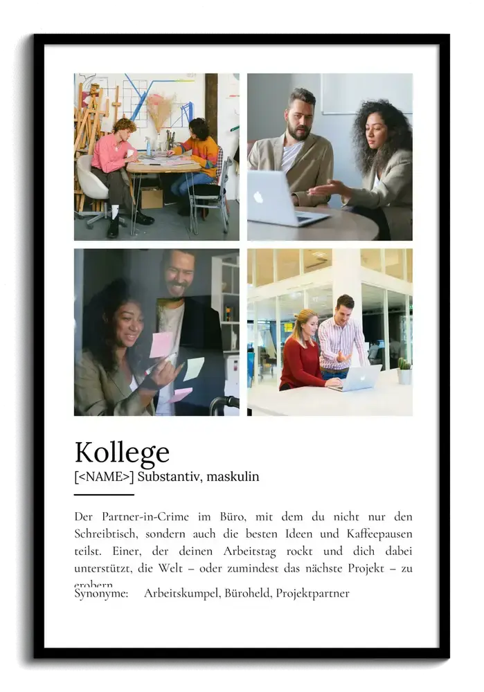 Definitionsposter mit vier Bürofotos im schwarzen Rahmen als persönliches Geschenk für einen Kollegen