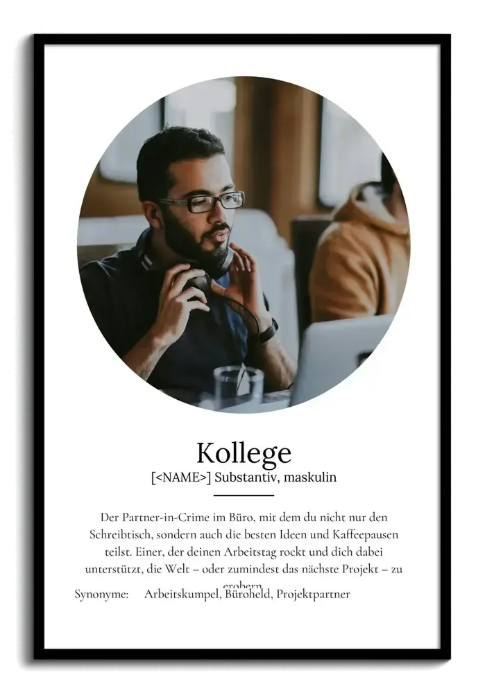 Weißes Definitionsposter mit ovalem Porträt im schwarzen Rahmen als individuelles Kollegengeschenk