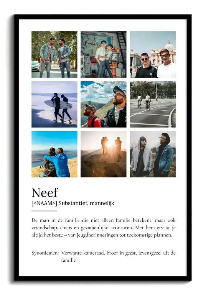 Poster voor een neef in woordenboekstijl met negen foto's op een witte achtergrond, ingelijst in zwart