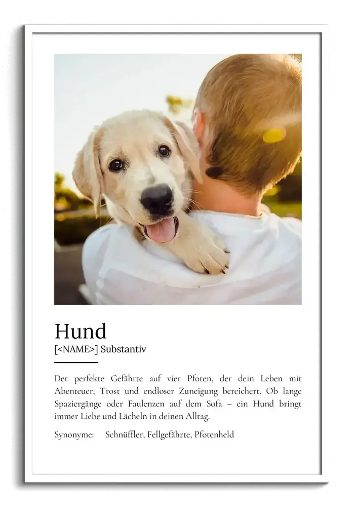 Definitionsposter für Hundefreunde mit großem Welpenfoto und Text im Wörterbuch-Stil, weiß gerahmt