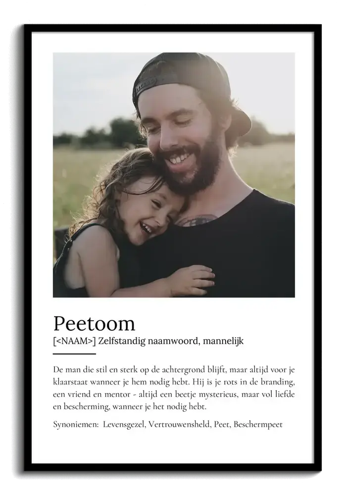 Persoonlijke poster voor peetoom met rechthoekige foto en definitie op witte achtergrond, in een zwarte lijst