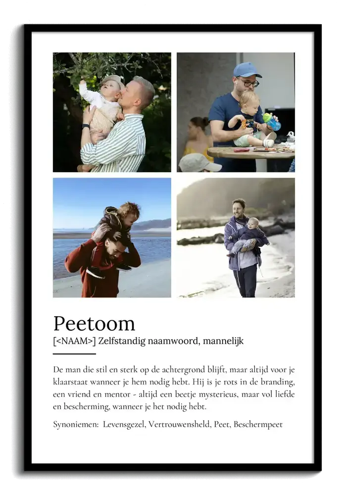 Poster voor peetoom met vier foto's en persoonlijke definitie in woordenboekstijl, in een zwarte lijst