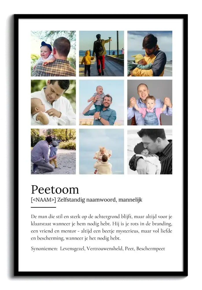 Poster voor peetoom met negen foto's in een raster en persoonlijke definitie, ingelijst in zwart