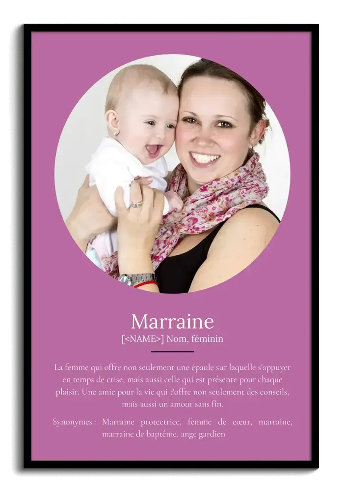 Affiche définition pour marraine, photo ronde sur fond violet et cadre noir