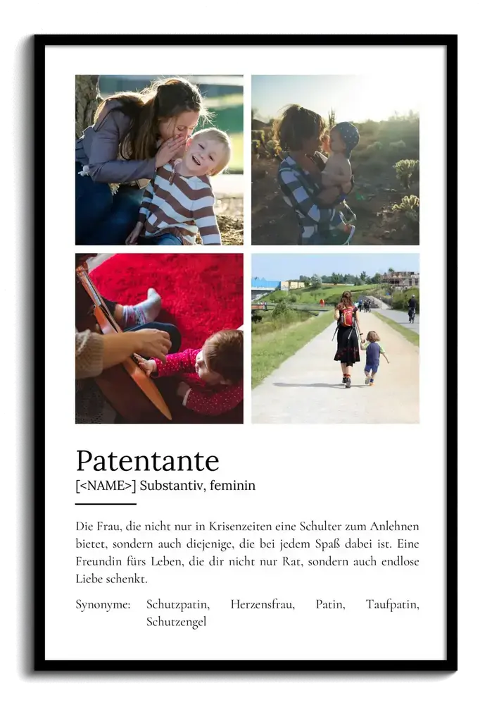 Definitionsposter als Geschenk für die Patentante mit vier Fotos im Raster und Text, schwarz gerahmt