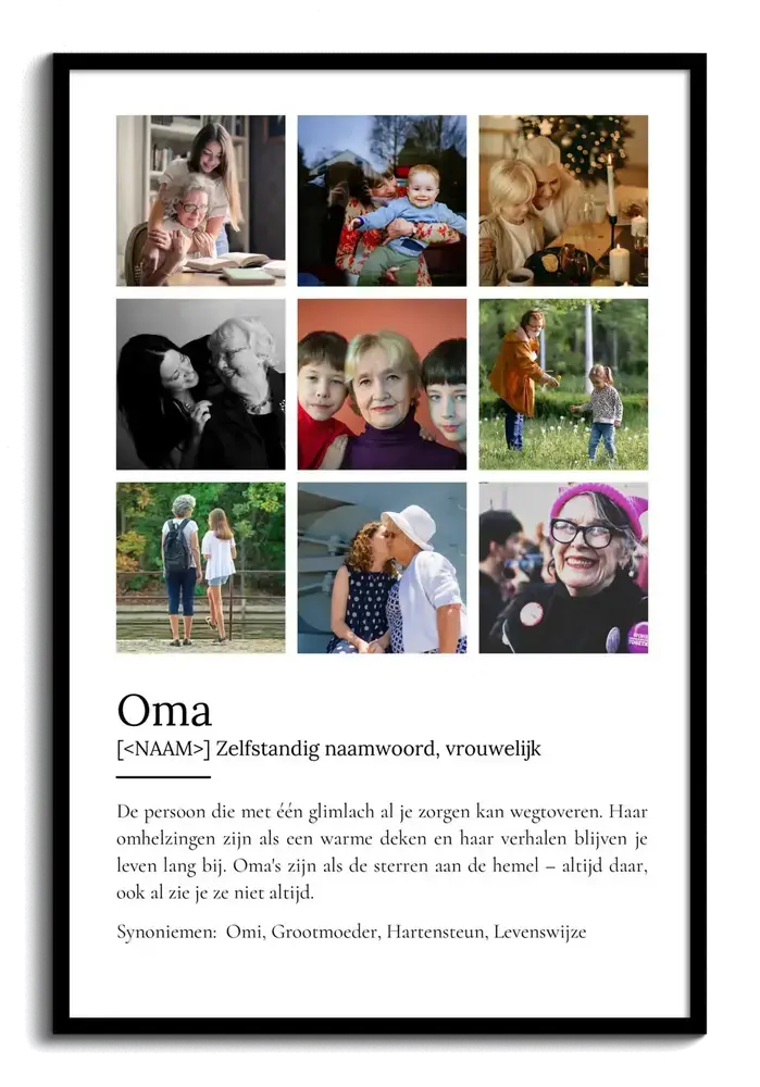 Definitieposter voor oma met negen foto's van oma en kleinkinderen, op een witte achtergrond in een zwarte lijst