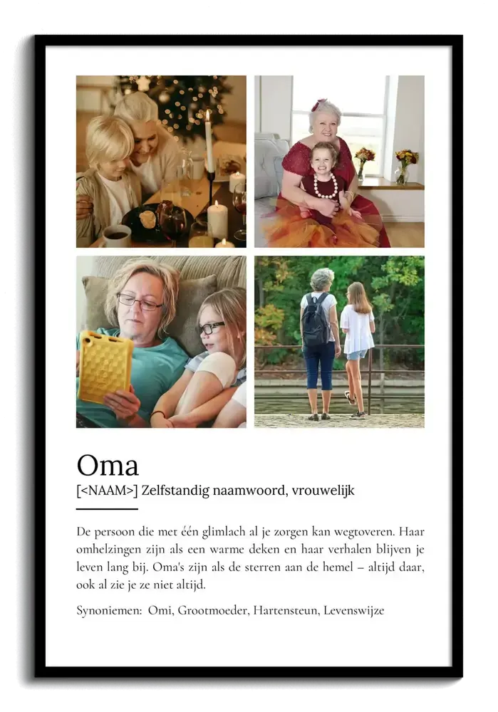 Definitieposter voor oma met vier foto's van oma en kleinkinderen boven de tekst, in een zwarte lijst