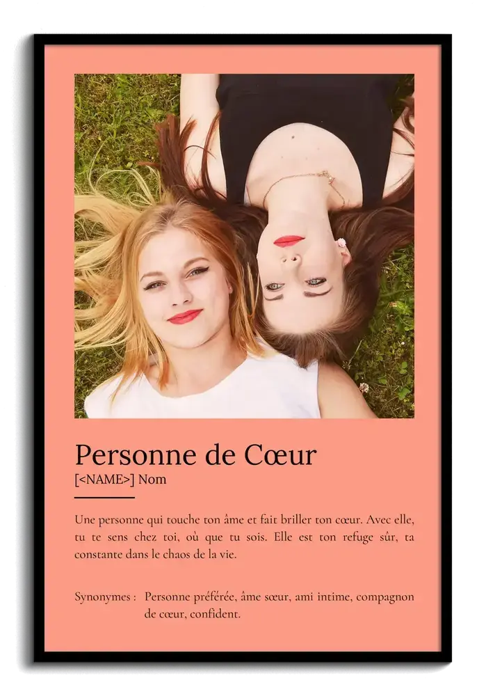 Affiche définition personnalisable sur fond saumon, avec photo de deux amies dans un cadre noir