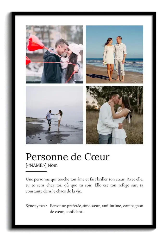 Affiche définition avec quatre photos de couple sur fond blanc, dans un cadre noir, cadeau pour un être cher
