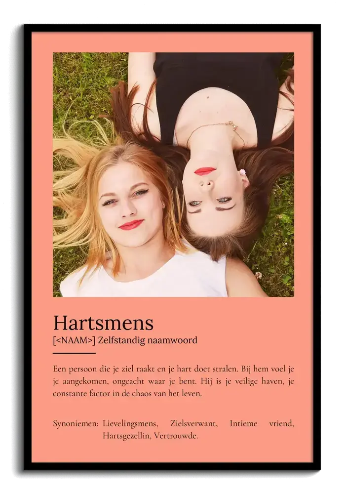 Zalmroze definitieposter met vriendinnenfoto en persoonlijke tekst in zwarte lijst, cadeau voor een vriendin