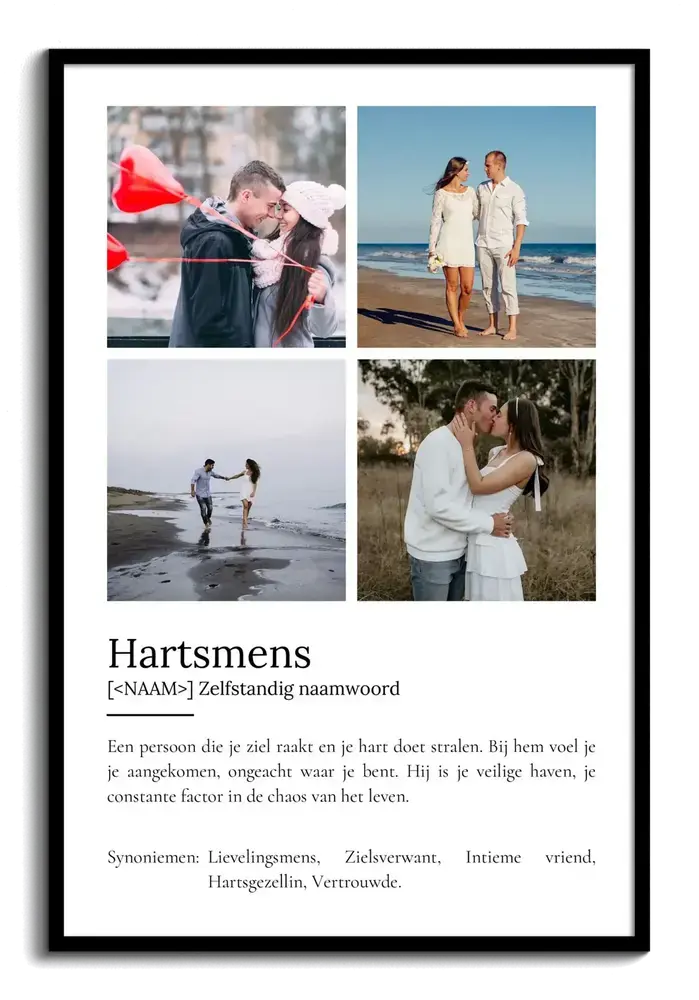 Definitieposter met vier foto's van een stel en persoonlijke tekst in zwarte lijst, romantisch cadeau voor je partner