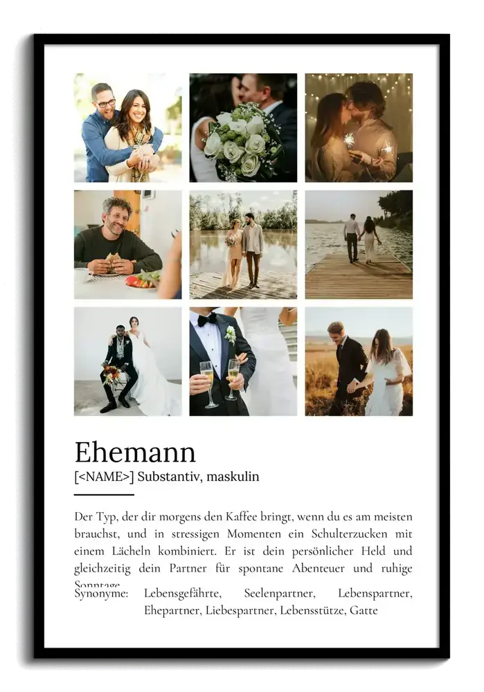 Schwarz gerahmtes Definitionsposter für den Ehemann mit neun Paar- und Hochzeitsfotos über dem Text im Wörterbuchstil