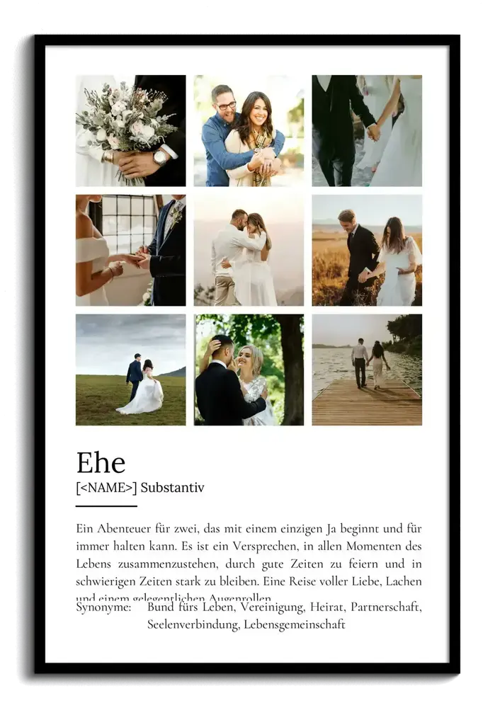 Fotocollage mit neun Hochzeitsmotiven und Ehedefinition auf weißem Grund im schwarzen Rahmen