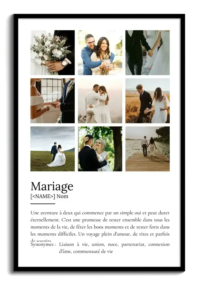Affiche définition du mariage avec neuf photos en grille et cadre noir, idée cadeau pour les jeunes mariés