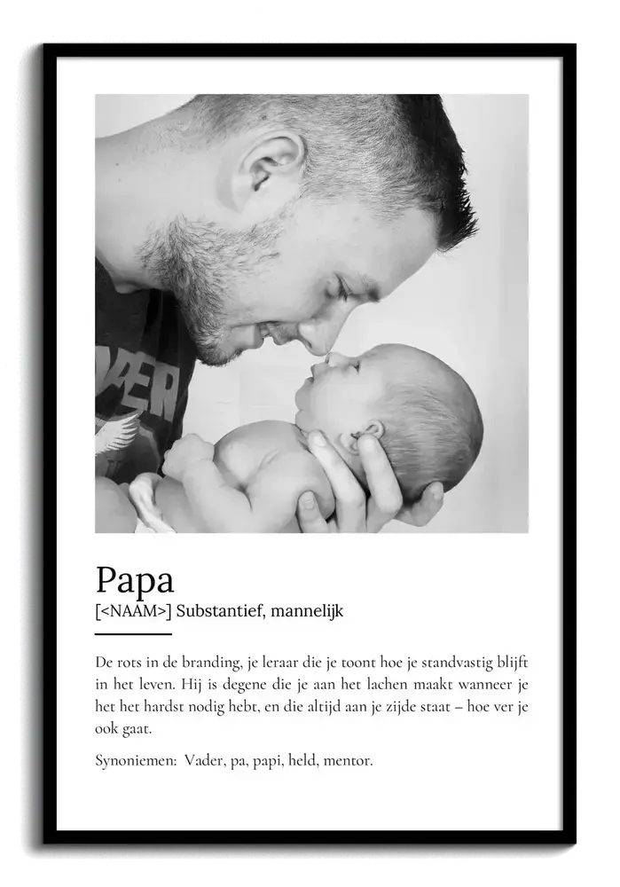 Definitieposter voor papa met zwart-witfoto in zwarte lijst, een persoonlijk cadeau voor Vaderdag