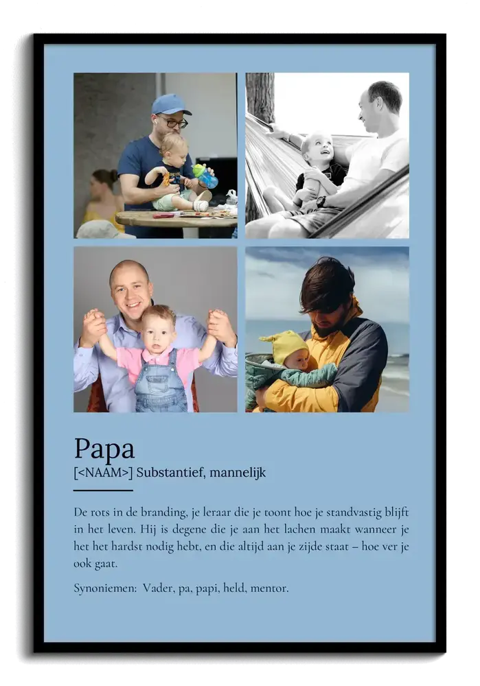 Blauwe definitieposter met vier foto's in een zwarte lijst, een fotocadeau voor papa