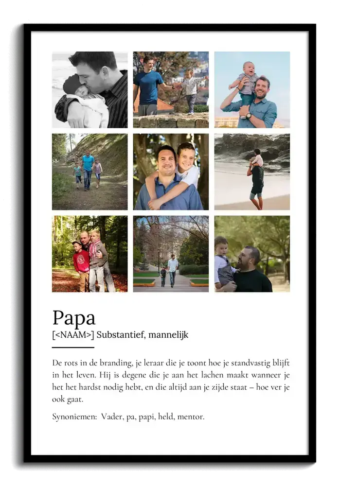 Definitieposter met negen foto's en tekst in een zwarte lijst, een persoonlijk bedankje voor papa