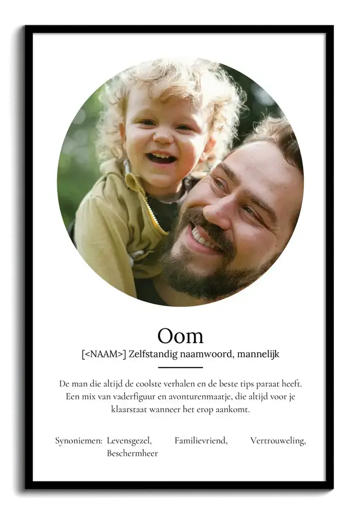 Definitieposter voor een oom met ronde foto van man en kind op een witte achtergrond, in een zwarte lijst