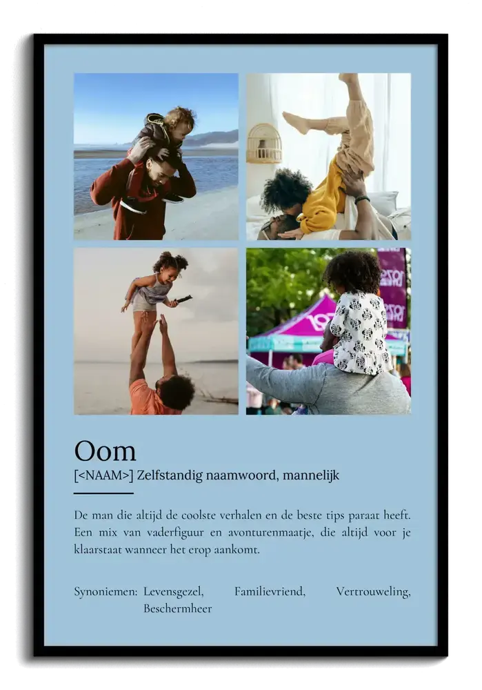 Persoonlijke definitieposter voor een oom met vier foto's op een lichtblauwe achtergrond, in een zwarte lijst
