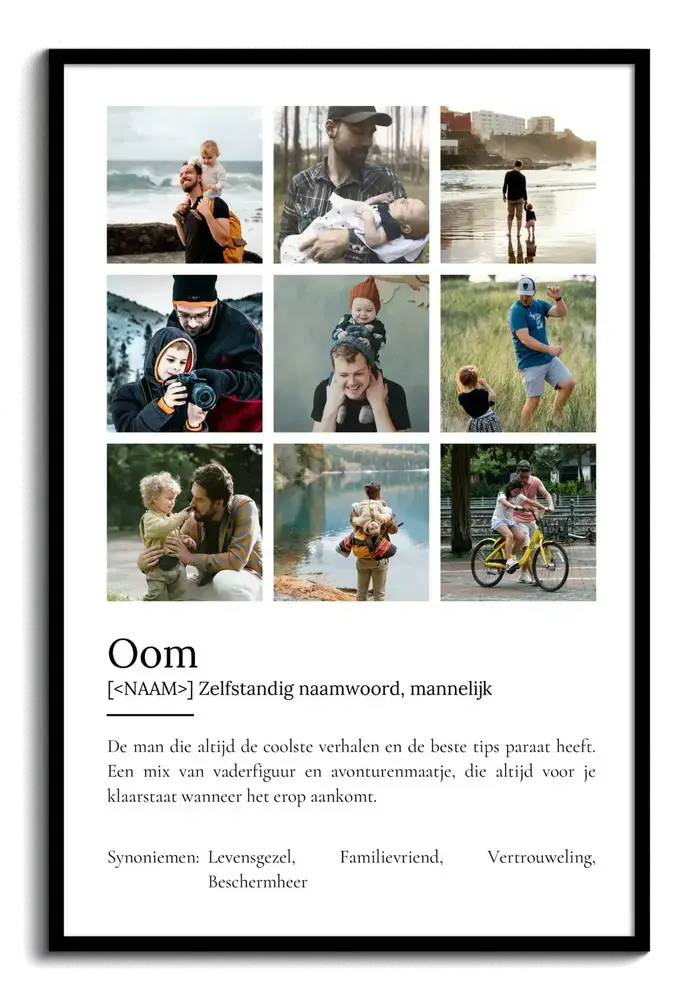 Definitieposter voor een oom met negen foto's in een raster en tekst op een witte achtergrond, in een zwarte lijst