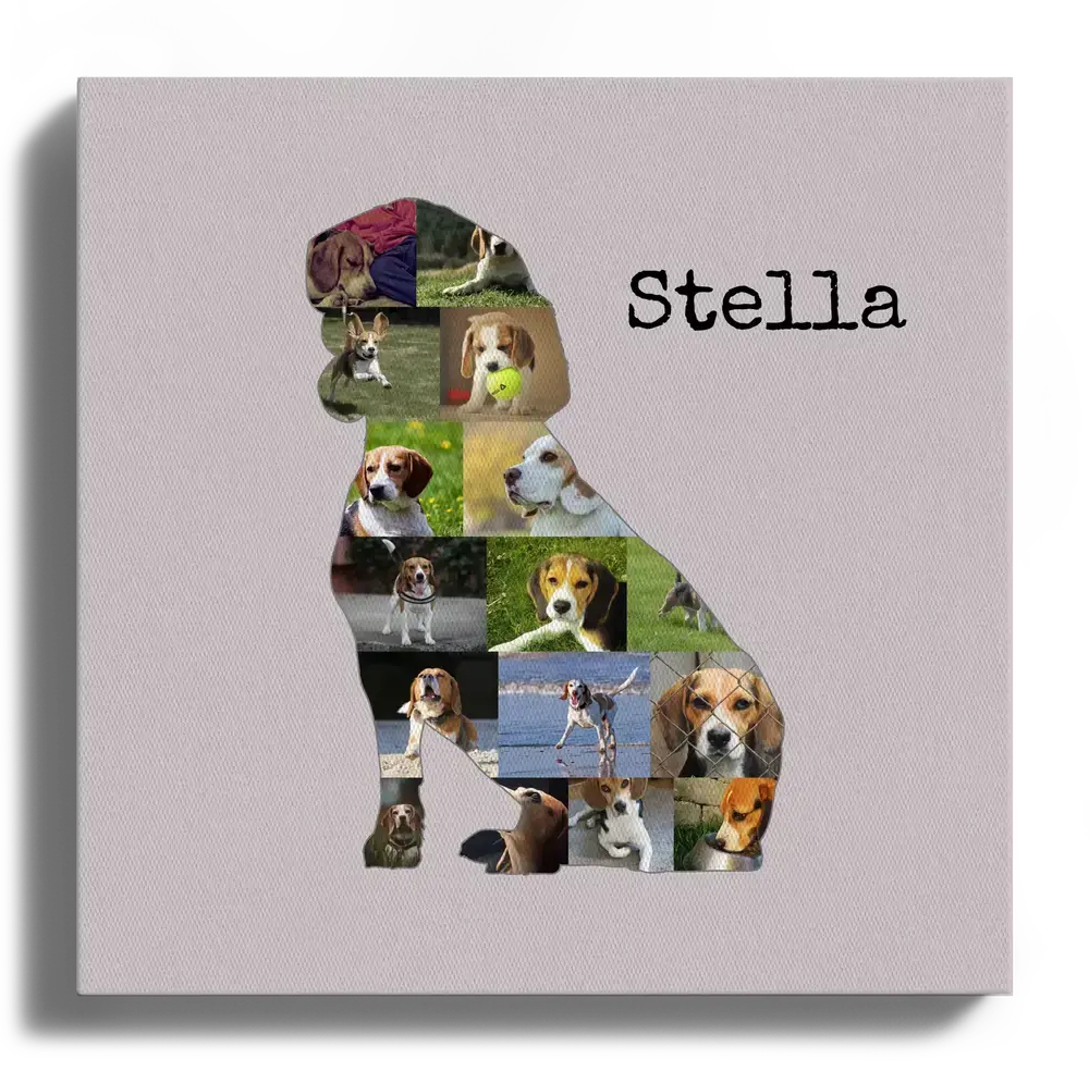 Fotocollage op canvas in de vorm van een zittende beagle, met naam op een oudroze achtergrond