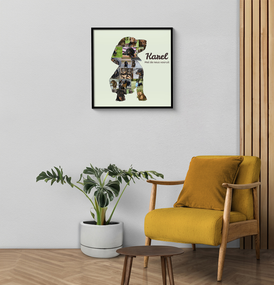 Fotocollage in teckelvorm met naam op lichtgroene achtergrond, in zwarte lijst naast een gele fauteuil