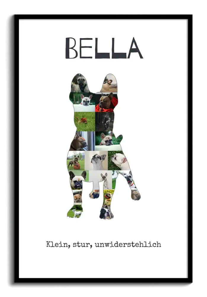 Fotocollage als Französische Bulldogge mit Namen und Text im schwarzen Rahmen, Geschenk für Hundefreunde