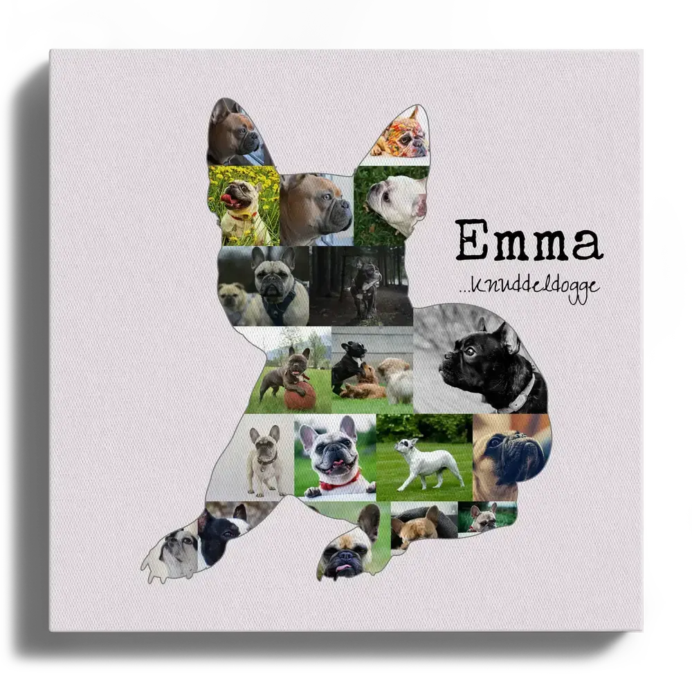 Fotocollage auf Leinwand als Silhouette einer Französischen Bulldogge, mit Namen und persönlichem Text