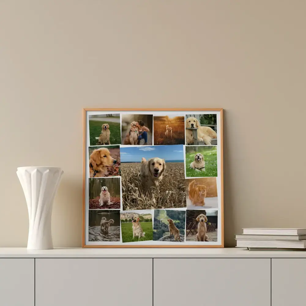Golden-Retriever-Fotocollage im Holzrahmen auf einem weißen Sideboard neben Vase und Büchern, Geschenk für Hundehalter