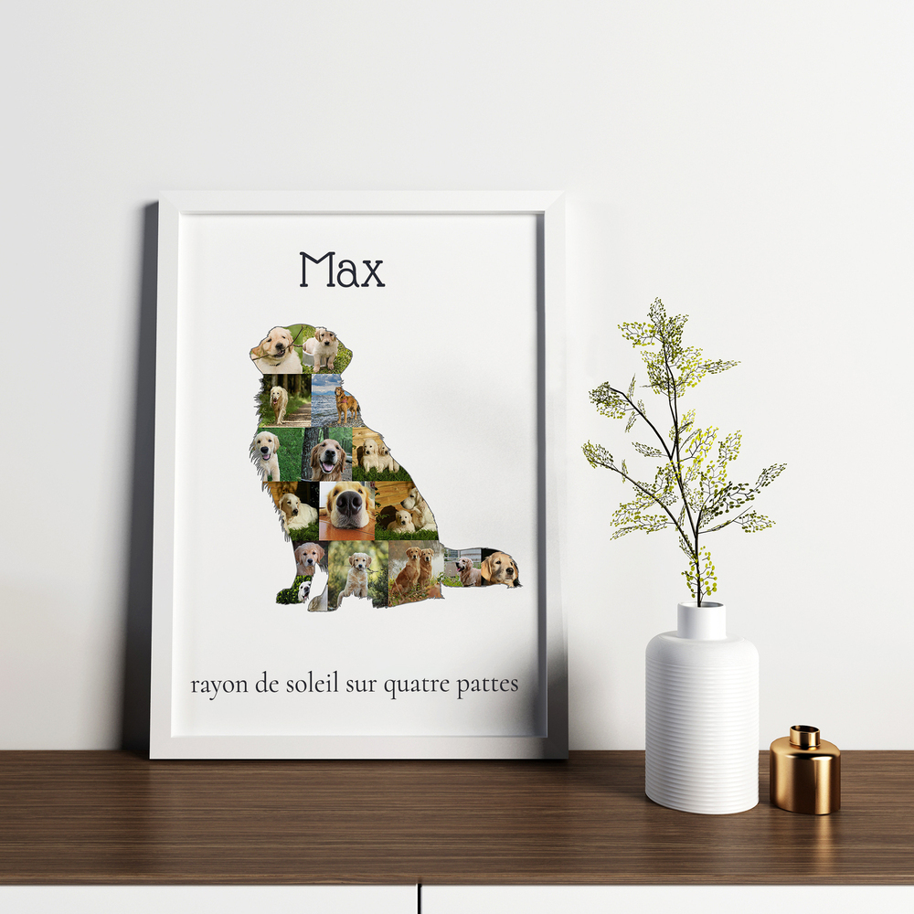 Collage photo en forme de golden retriever assis, avec prénom et texte, dans un cadre blanc posé sur un meuble.