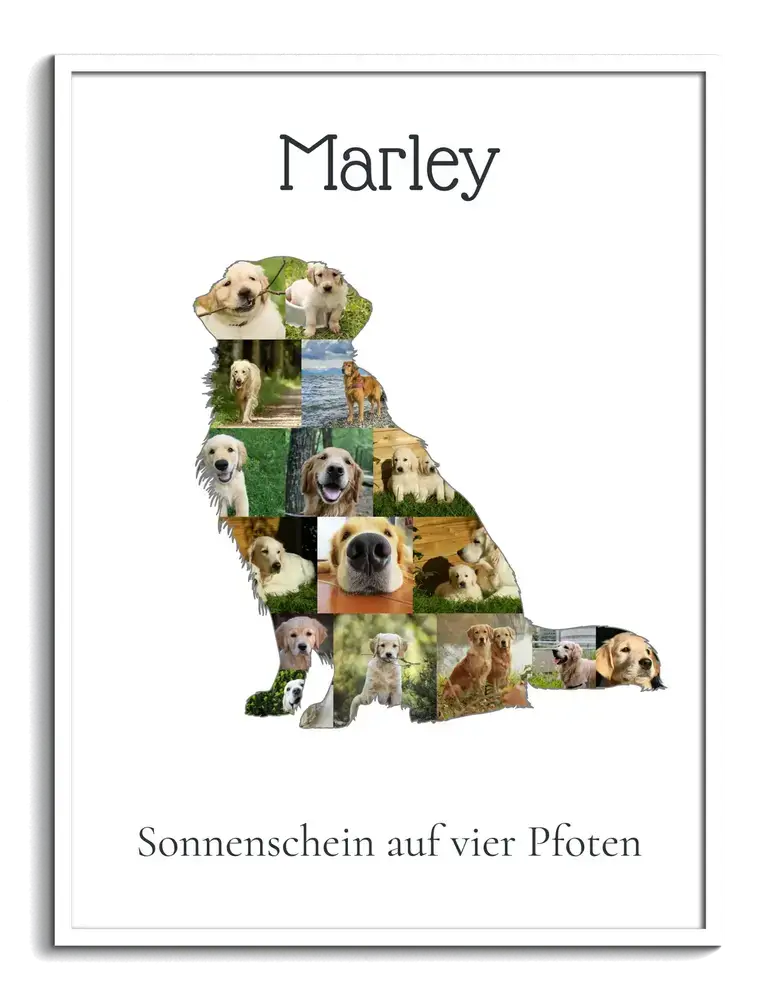 Golden-Retriever-Fotocollage als sitzende Hundesilhouette mit Namen und Spruch im weißen Rahmen
