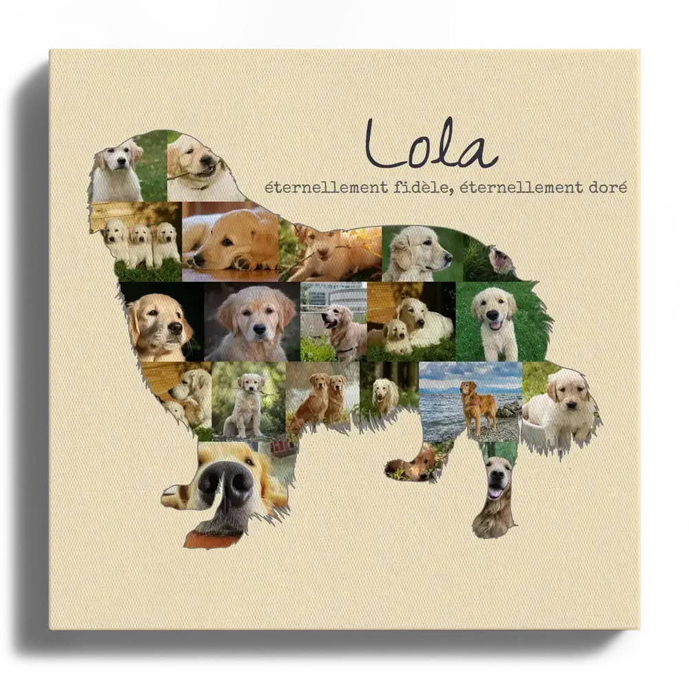 Collage photo sur toile en silhouette de golden retriever debout, avec prénom et texte sur fond beige.