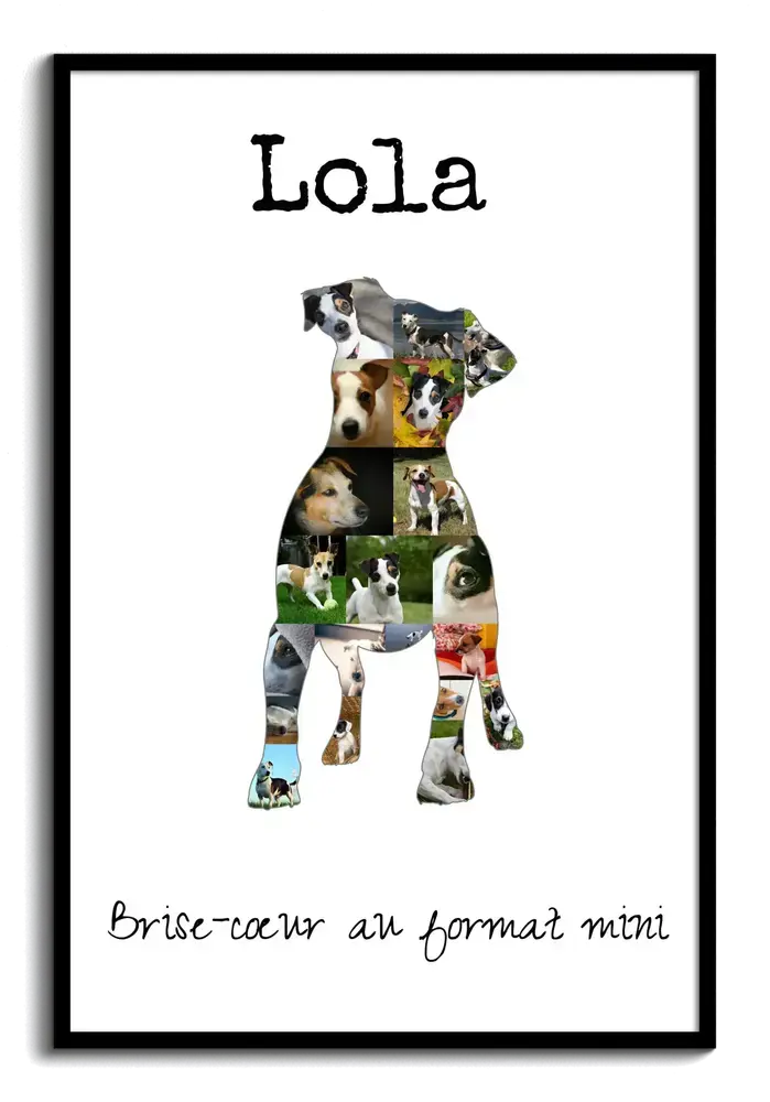 Pêle-mêle photo en silhouette de Jack Russell avec prénom et texte personnalisés, dans un cadre noir