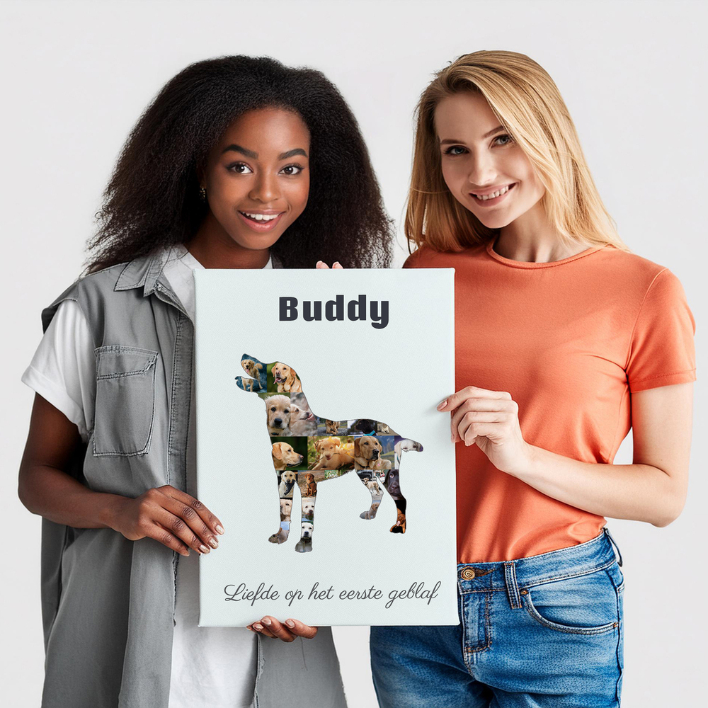Niet-ingelijste fotocollage in labradorvorm met naam en tekst, als cadeau voor een hondenliefhebber